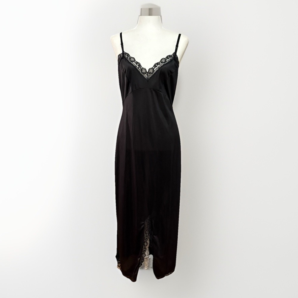 VTG JCPenney Black Nylon Lace Full Slip‎ Nightgown Sz M Long Maxi Lingerie 53"